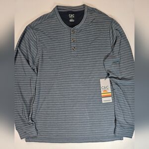 C&C California Shirt Mens XL Long Sleeve Tee Blue White Micro Stripe 1/4‎ Button